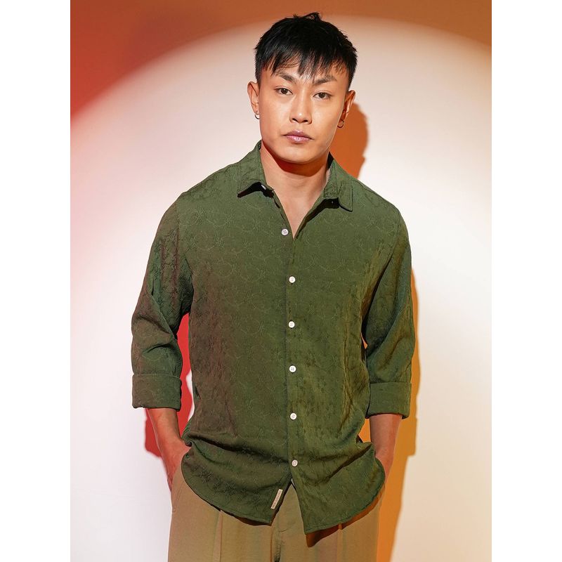 Campus Sutra Men's Forest Green Textured Casual Shirt (M)