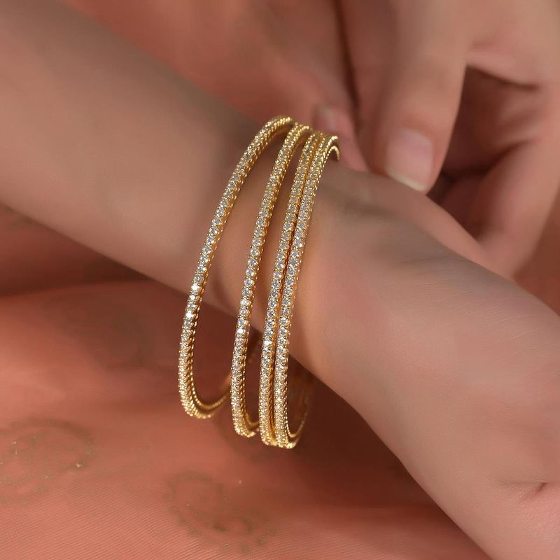 Ratnavali Jewels Gold Plated American Diamond Cubic Zirconia Sleek Bangles (Pack of 2) (2.8)