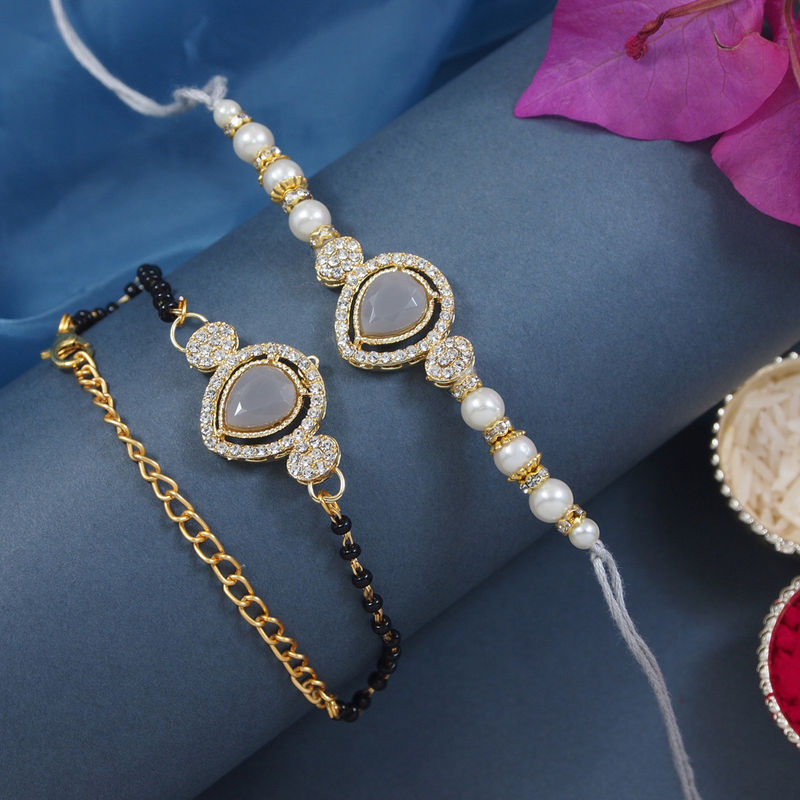 Elegant Kundan Stone Mangalsutra Bracelet Rakhi Set With Roli Chawal & Card For Brother/Bhabhi - Rakshabandhan Gift (R134-CO) - View #6