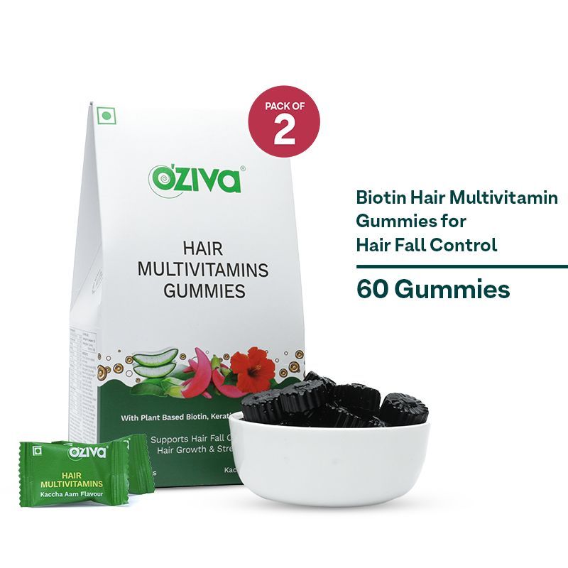 OZiva Biotin Hair Multivitamin Gummies (Keratin Builder, Iron) for Hair Fall Control, Pack of 2