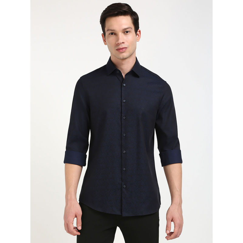 Calvin Klein Navy Blue Self Design Slim Fit Shirt (40)