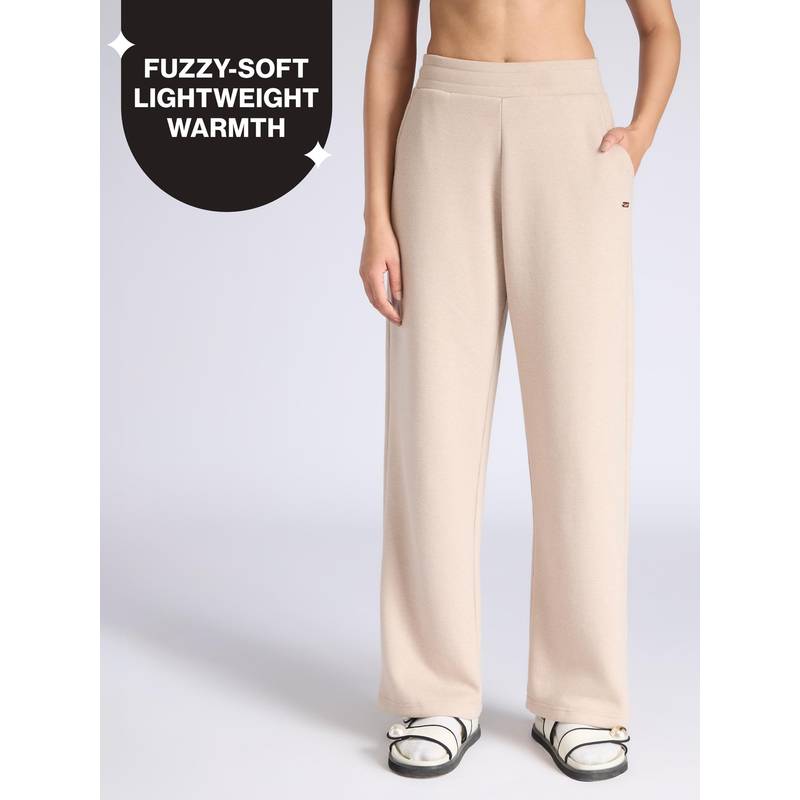 Fuzzy-soft Wide Leg Warm Rib Textured Pants With Pockets & Adjustable Waistband NYS977 Oatmeal (S)