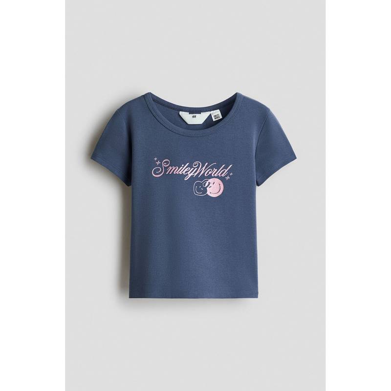 H&M Girls Blue Print-Motif Cotton T-Shirt (8-10 Years)