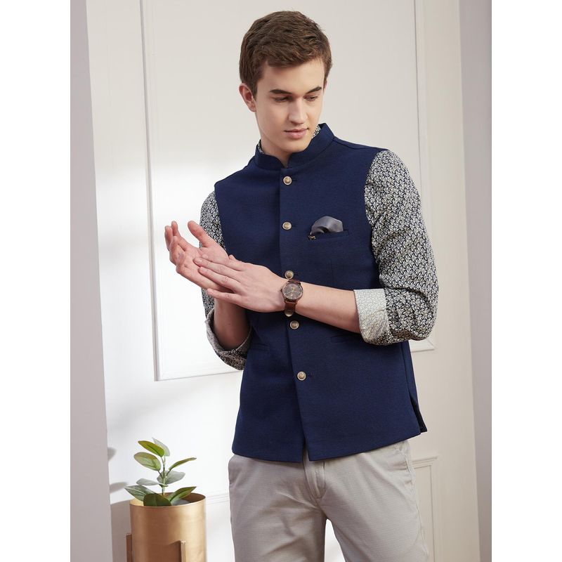Turtle Men Knitted Terylene Rayon Blue Dobby Solid Party Nehru Jacket (38)