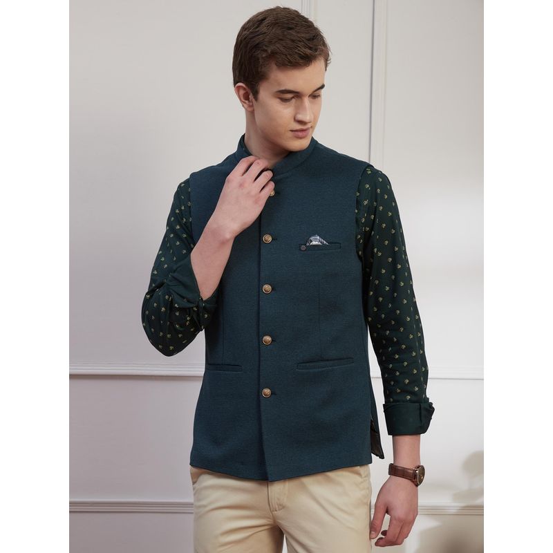 Turtle Men Knitted Terylene Rayon Dark Green Dobby Print Party Nehru Jacket (42)