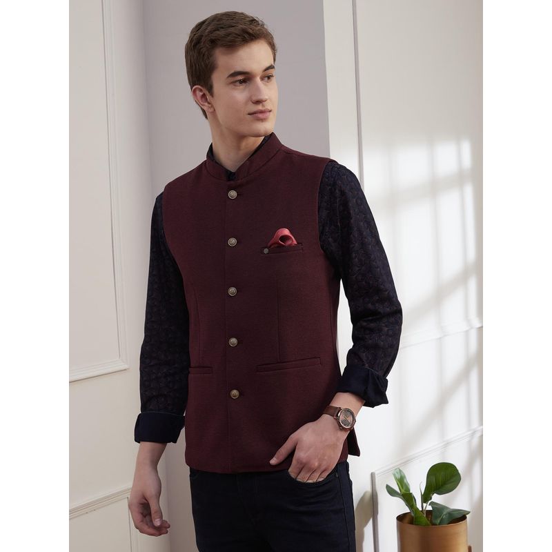 Turtle Men Knitted Terylene Rayon Maroon Dobby Print Party Nehru Jacket (42)