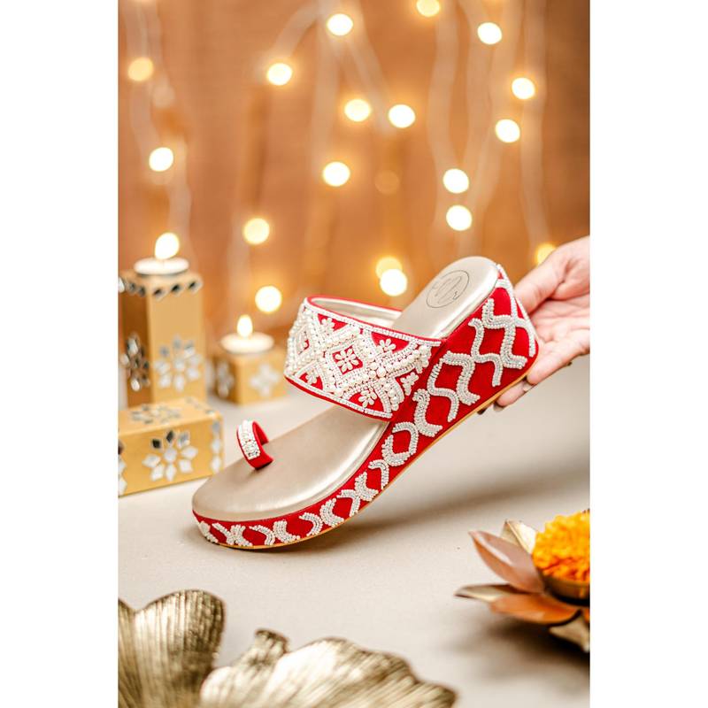 NR BY NIDHI RATHI Dark Pink Pearl Embellished One-Toe Open Back Wedges Heels (EURO 39)