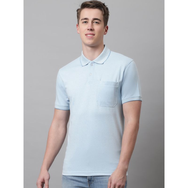 VENITIAN Men Light Sky Blue Solid Interlock Birdeye Polo Neck T-Shirt with Pocket (XL)