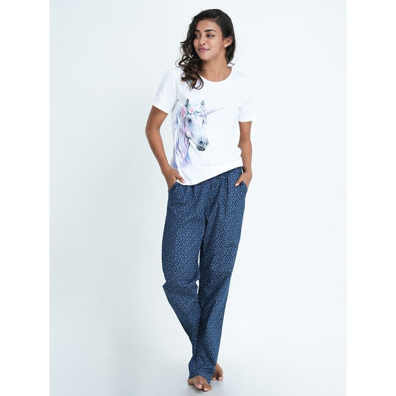 Mackly Womens Unicorn Print Tshirt & Pyjama Set-White (XS)