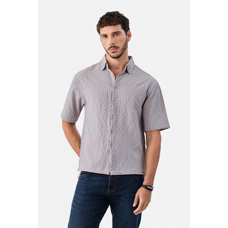 Snitch Grey Textured Half Sleeves Boxy Casual Shirt for Men (M)