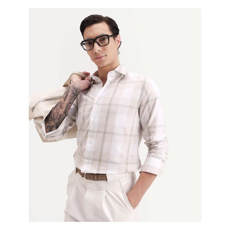 Rare Rabbit Mens Taki Beige Cotton Fabric Regular Fit Checked Shirt (M)