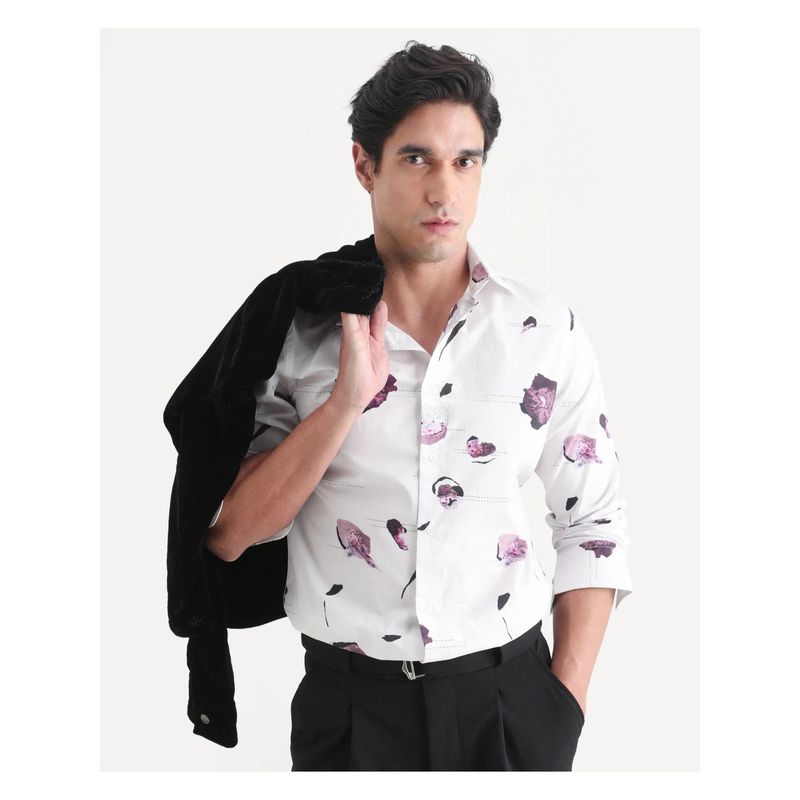 Rare Rabbit Mens Jake White Cotton Fabric Abstract Print Shirt (M)