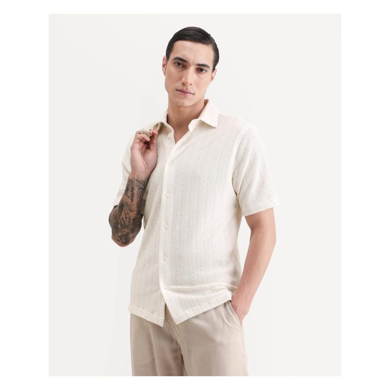 Rare Rabbit Mens Angou Off White Cotton Fabric Regular Fit Plain Shirt (S)