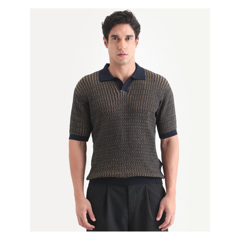 Rare Rabbit Mens Dot Navy Blue Cotton Fabric Polo T-shirt (M)