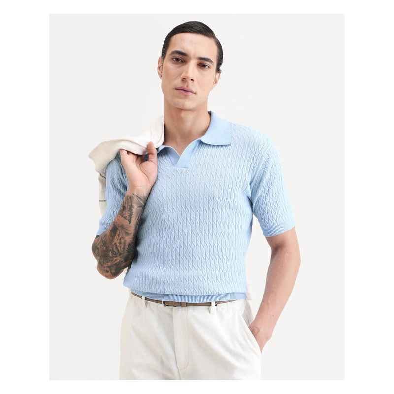 Rare Rabbit Mens Dot Light Blue Cotton Fabric Polo T-shirt (S)