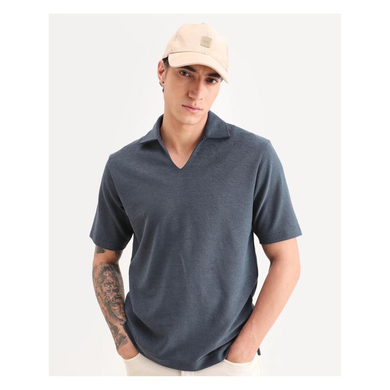 Rare Rabbit Mens Jawal-S26 Grey Cotton Blend Regular Fit Plain Polo T-shirt (M)