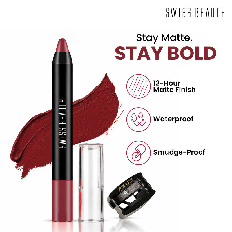 Swiss Beauty Matte Long Lasting Stay Maxx Lip Crayon Lipstick Matte Finish - 14 Ash Red
