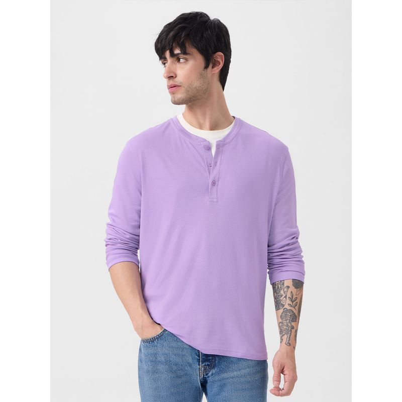The Souled Store Originals Solids Light Lavender Men Supima Henley T-Shirt (XL)