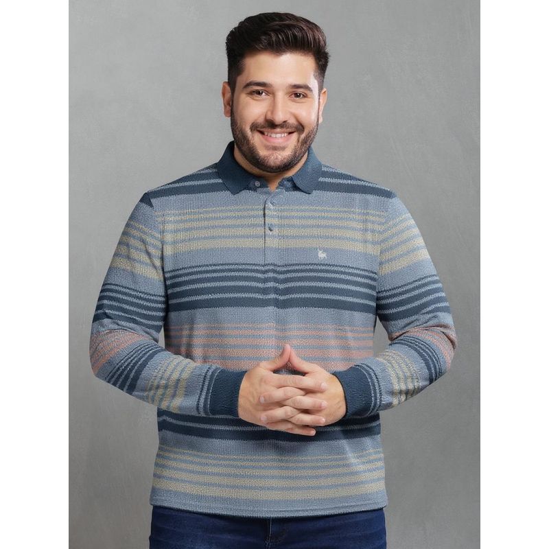 BULLMER Men Grey Cotton Stripes Regular Fit Polo T-Shirt (5XL)