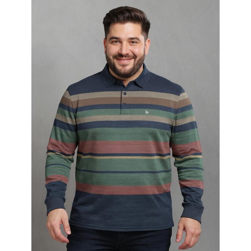 BULLMER Men Green Cotton Stripes Regular Fit Polo T-Shirt (2XL)