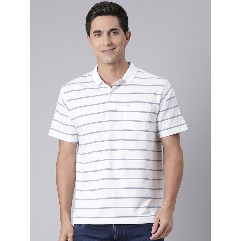 Classic Polo Men White Cotton Blend Stripes Regular Fit Polo T-Shirt (M)