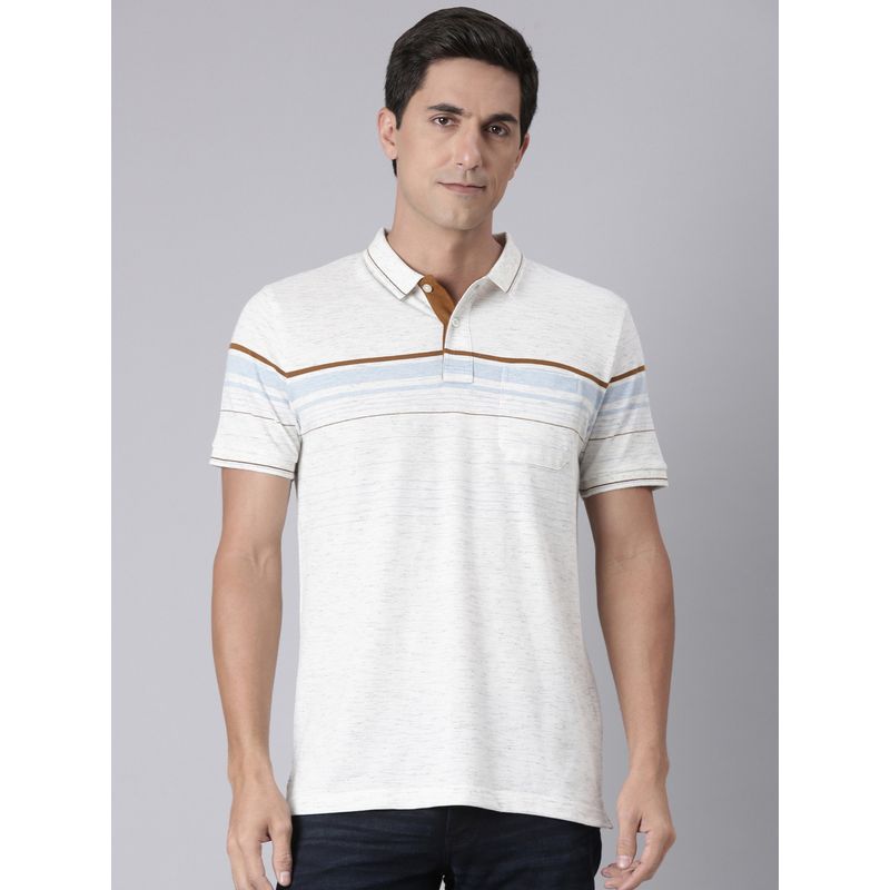 Classic Polo Men Off White Cotton Blend Stripes Slim Fit Polo T-Shirt (M)