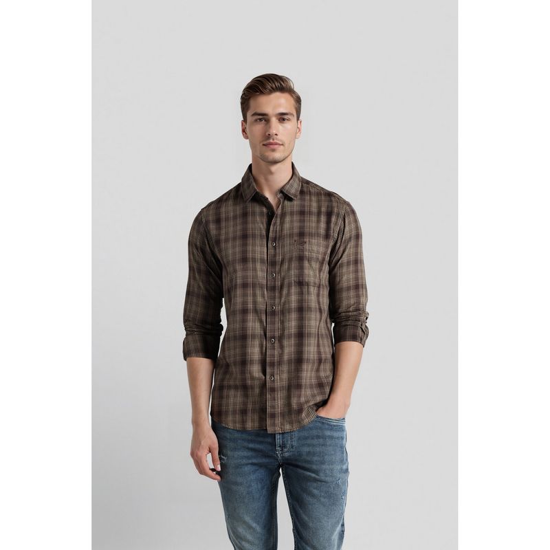 Crocodile Men Brown Pure Cotton Checks Comfortable Fit Casual Shirt (39)