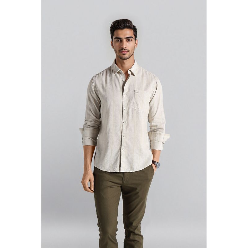 Crocodile Men Beige Lyocell Blend Self Design Comfortable Fit Casual Shirt (39)