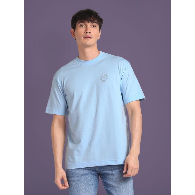 Flying Machine Men Blue Silicone Logo Oversized T-shirt (L)
