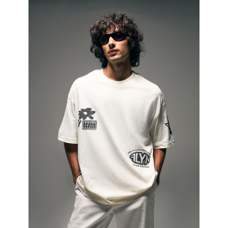 Flying Machine Men White Graphic Printed Oversized T-shirt (2XL)