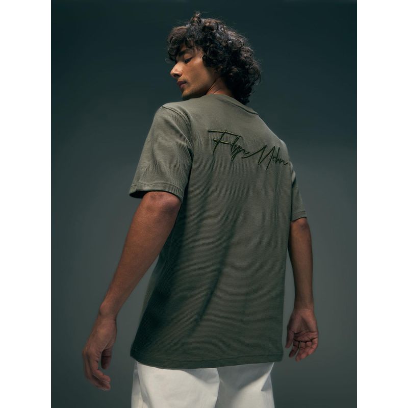 Flying Machine Men Olive Typography Relaxed Fit T-shirt (L)
