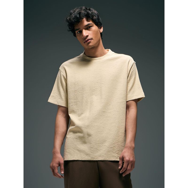 Flying Machine Men Beige Textured Relaxed Fit Cotton T-shirt (L)
