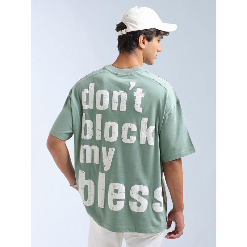 Flying Machine Men Mint Green Typography Printed Oversize Fit T-shirt (L)