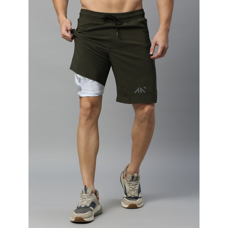 AESTHETIC NATION Critical 2 In 1 Inner Compression Olive Printed Shorts (S)