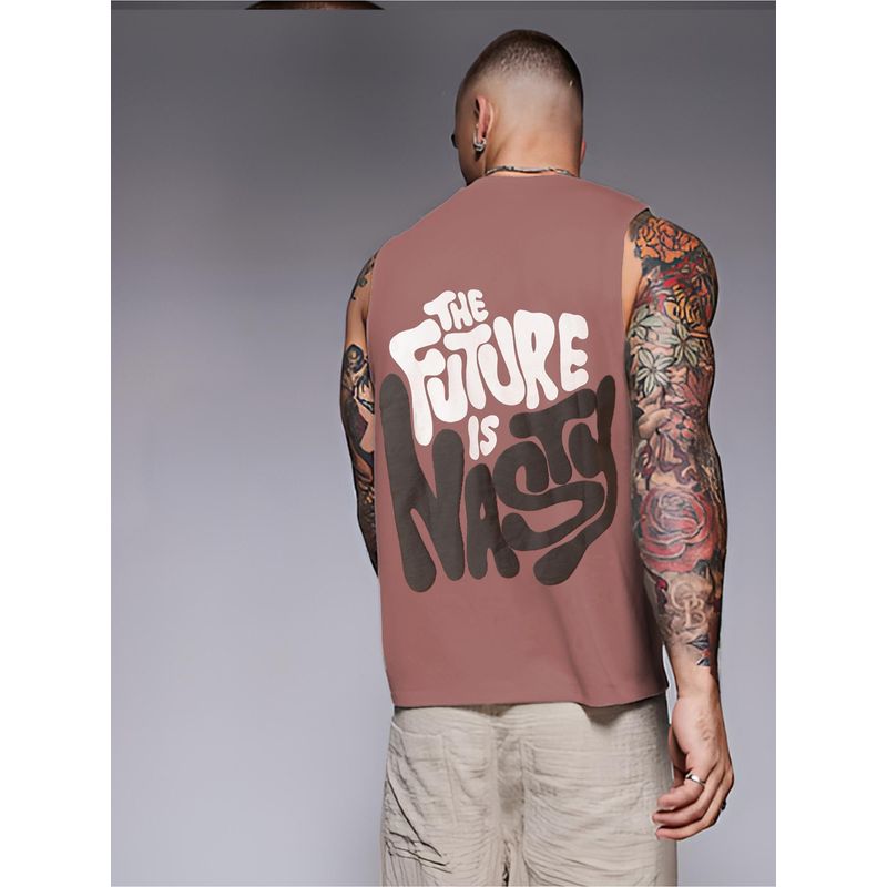 RIGO Men Mauve Terry Oversized Printed Vest T-Shirts (M)