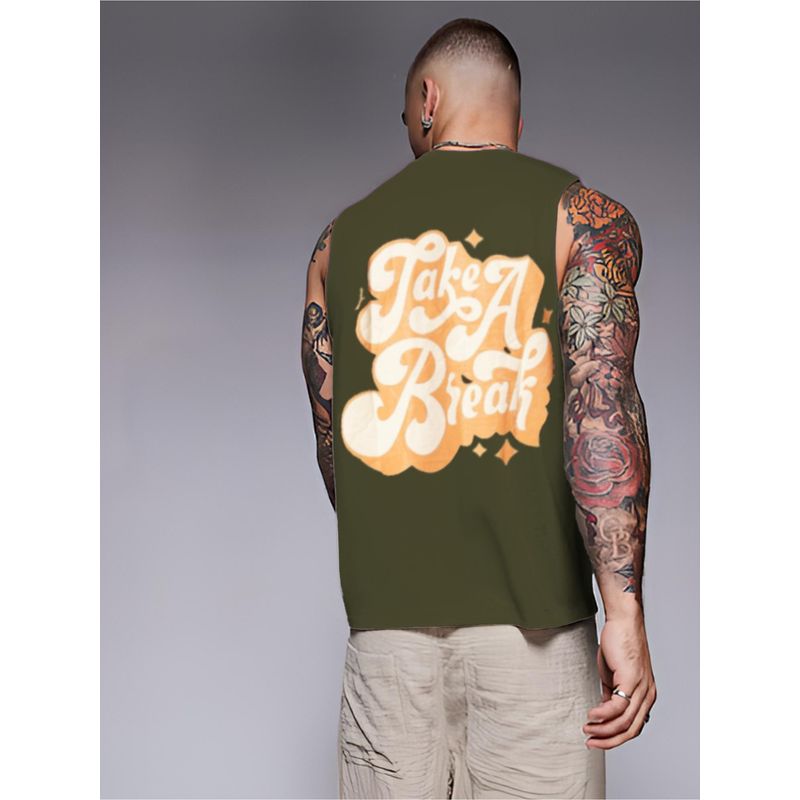 RIGO Men Army Green Terry Oversized Printed Vest T-Shirts (S)