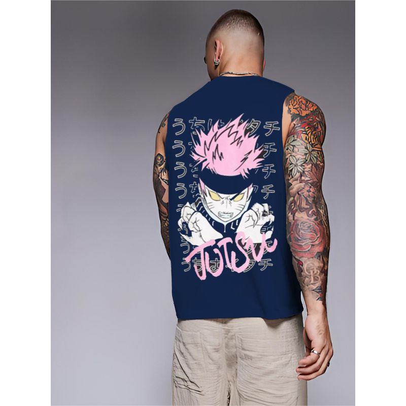 RIGO Men Navy Terry Oversized Printed Vest T-Shirts (S)