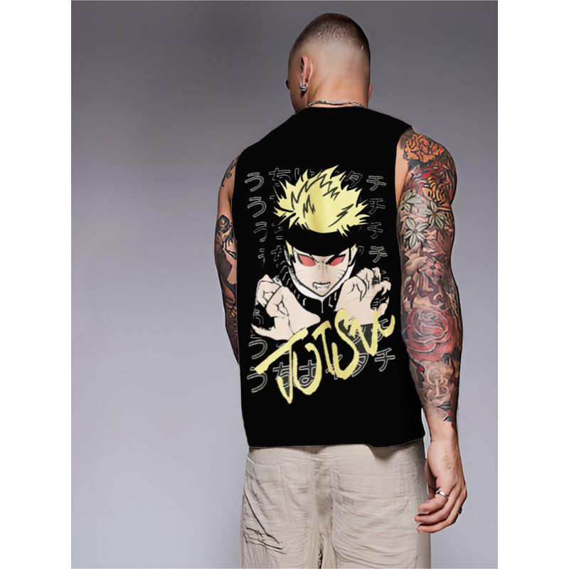 RIGO Men Bottle Green Terry Oversized Printed Vest T-Shirts (L)