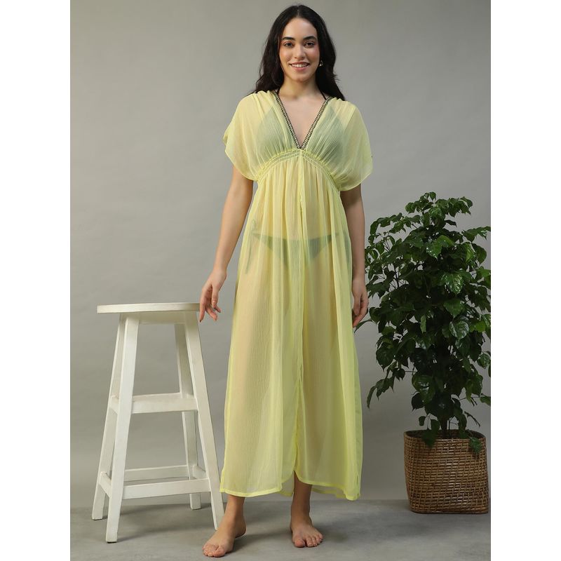 Oxolloxo Women Solid Yellow Lurex Lace Detail Short Flutter Sleeve Elasticated Beachwear Dress (S)