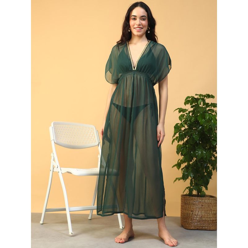 Oxolloxo Women Solid Green Lurex Lace Detail Short Flutter Sleeve Elasticated Beachwear Dress (S)