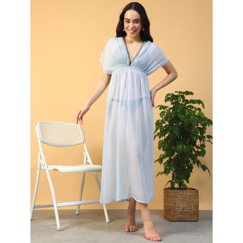 Oxolloxo Women Solid Blue Lurex Lace Detail Short Flutter Sleeve Elasticated Beachwear Dress (S)