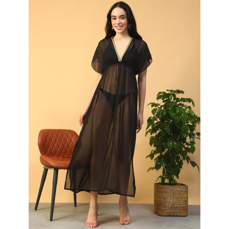 Oxolloxo Women Solid Black Lurex Lace Detail Short Flutter Sleeve Elasticated Beachwear Dress (S)