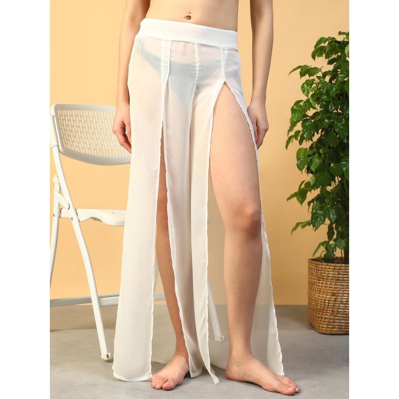 Oxolloxo Women Solid White Chiffon Beach Pants with Elastic Waist and Front Slit (M)