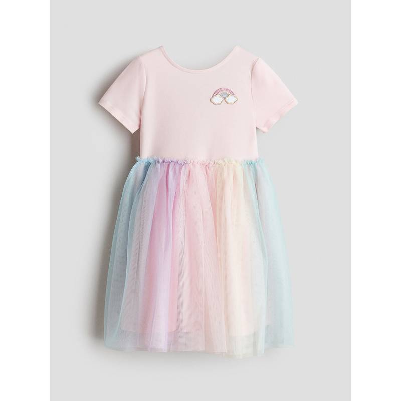 H&M Girls Pink Embroidery-Detail Tulle-Skirt Dress (1.5-2 Years)
