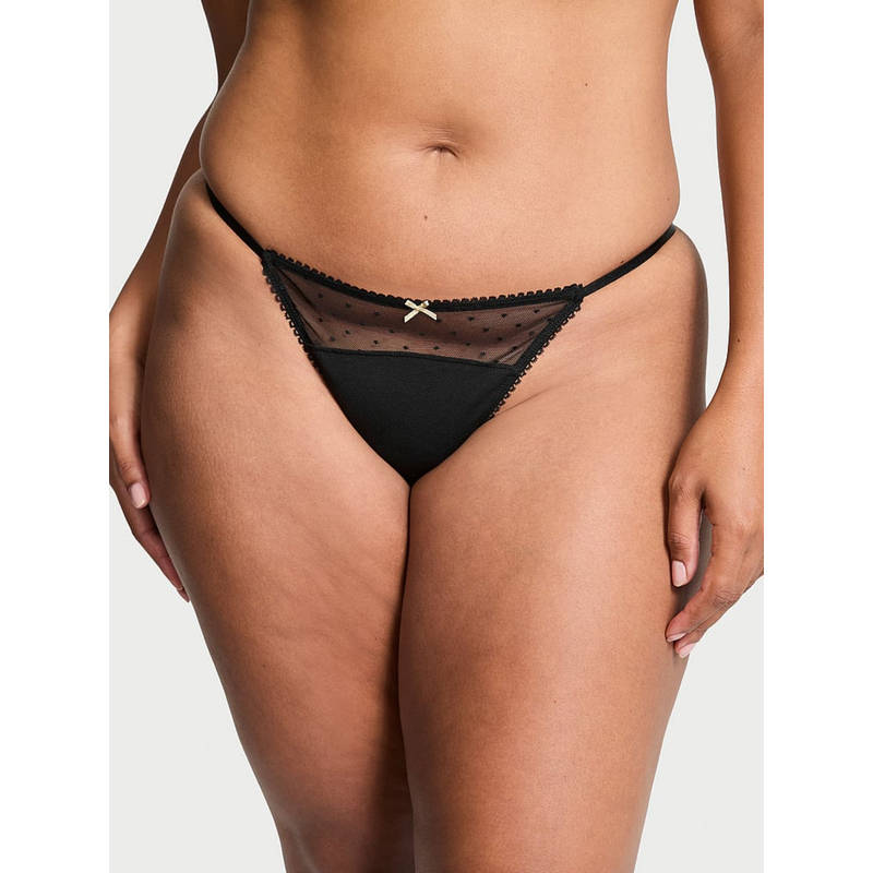 Victoria's Secret Black Stretch Cotton Dot Mesh V-String Panty (M)
