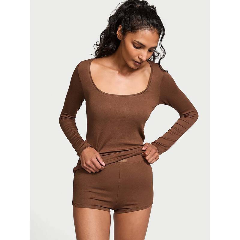 Victoria's Secret Ribbed Modal Scoop Long-Sleeve Top With Shortie Brown (Set of 2) (2XL)