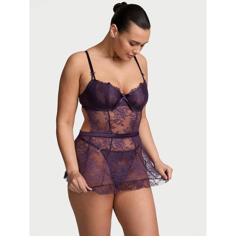 Victoria's Secret Purple Self Design Regular Babydoll and Thong (Set of 2) (2XL)