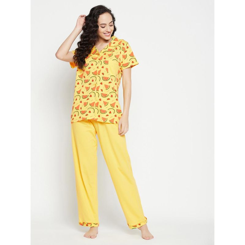 Clovia Printed Button Me Up Shirt & Pyjama- 100 percent Cotton-Yellow Yellow (Set of 2) (S)