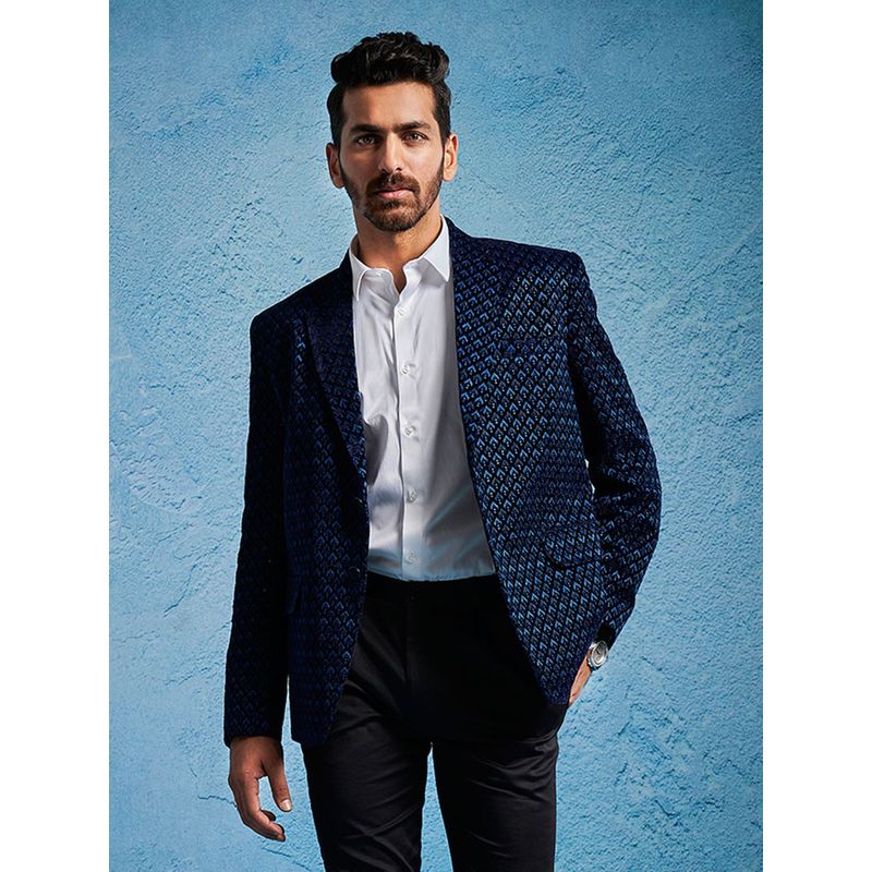 Vastramay Mens Blue Velvet Embroidered Blazer (XL)