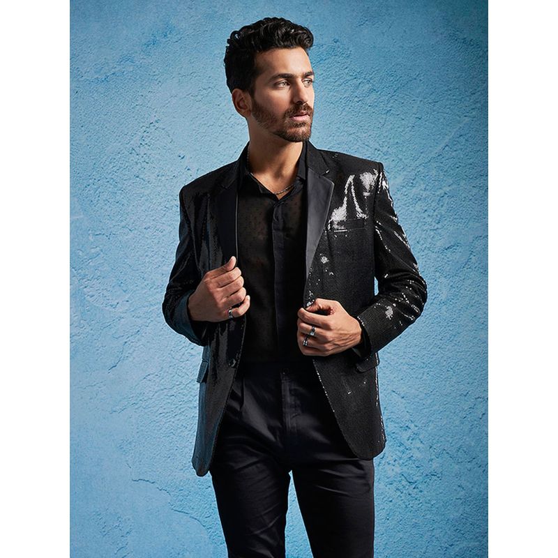 Vastramay Mens Black Embellished/Sequined Viscose Blazer (M)